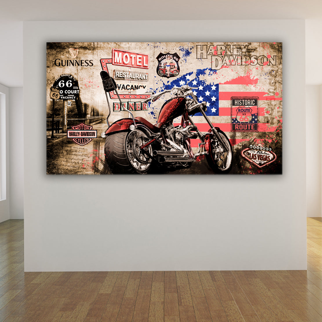 Harley Custom Bike Chopper Motorrad Wandbild Historic Route 66 Retro