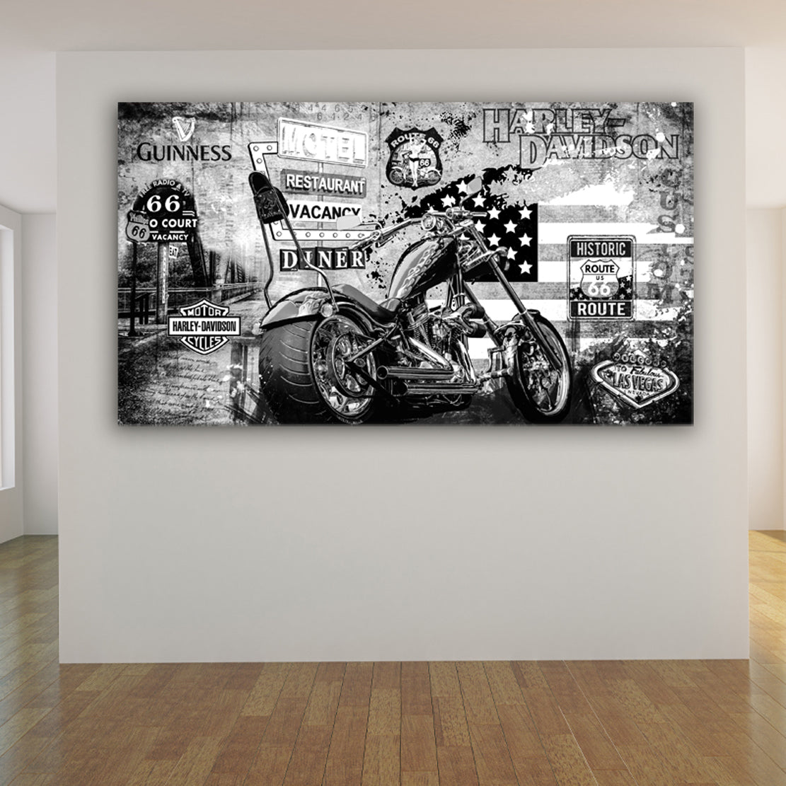 Harley Davidson Wandbild Motorrad Custom Bike Chopper Historic Route 66 Black & White