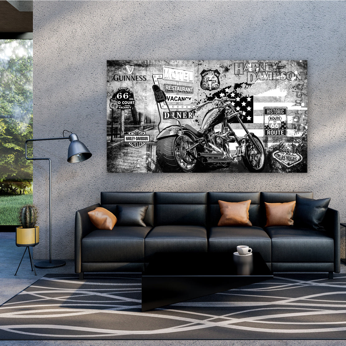 Harley Davidson Wandbild Motorrad Custom Bike Chopper Historic Route 66 Black & White