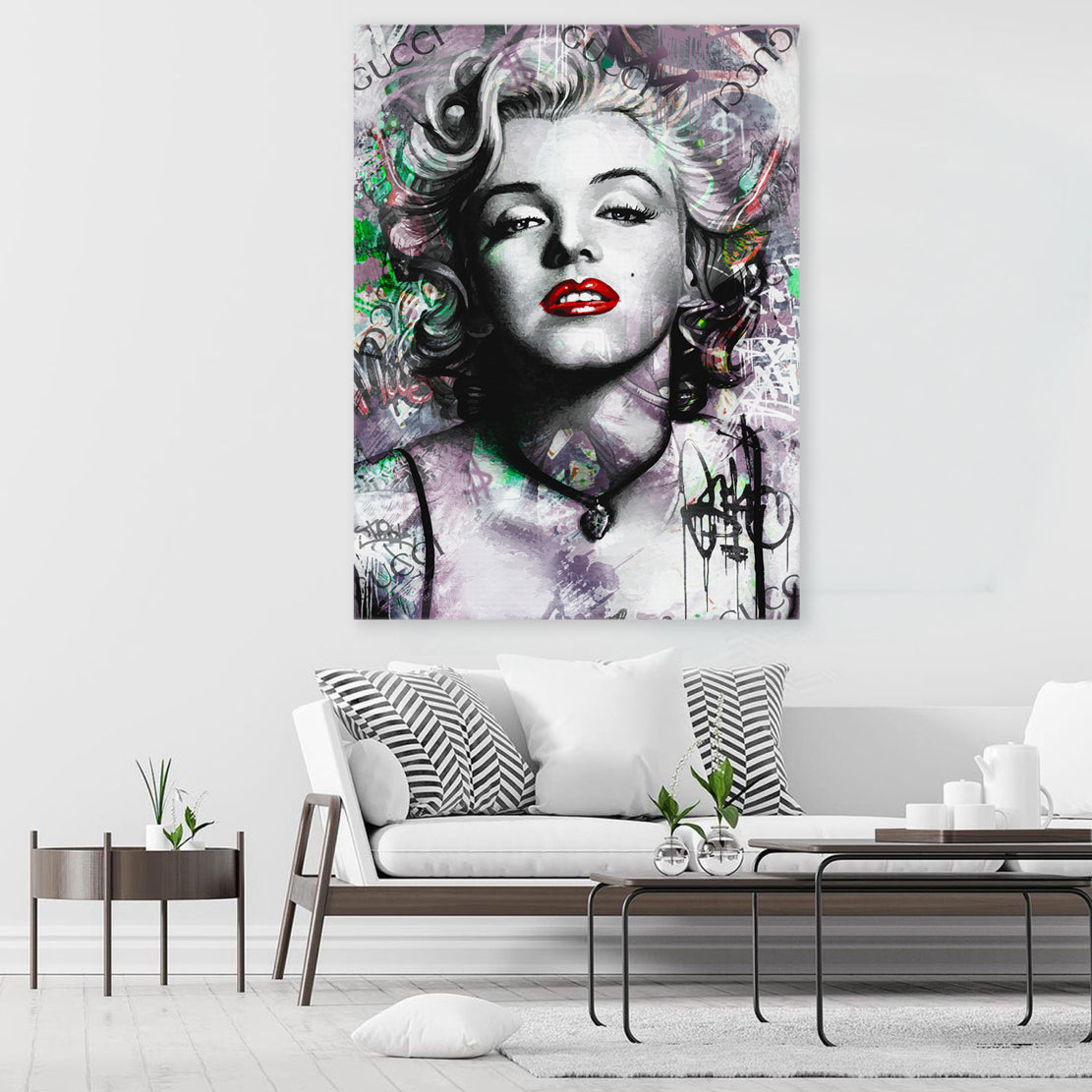 Marilyn Portraet im Street Art Stil auf Alu-Dibond im Wohnraum