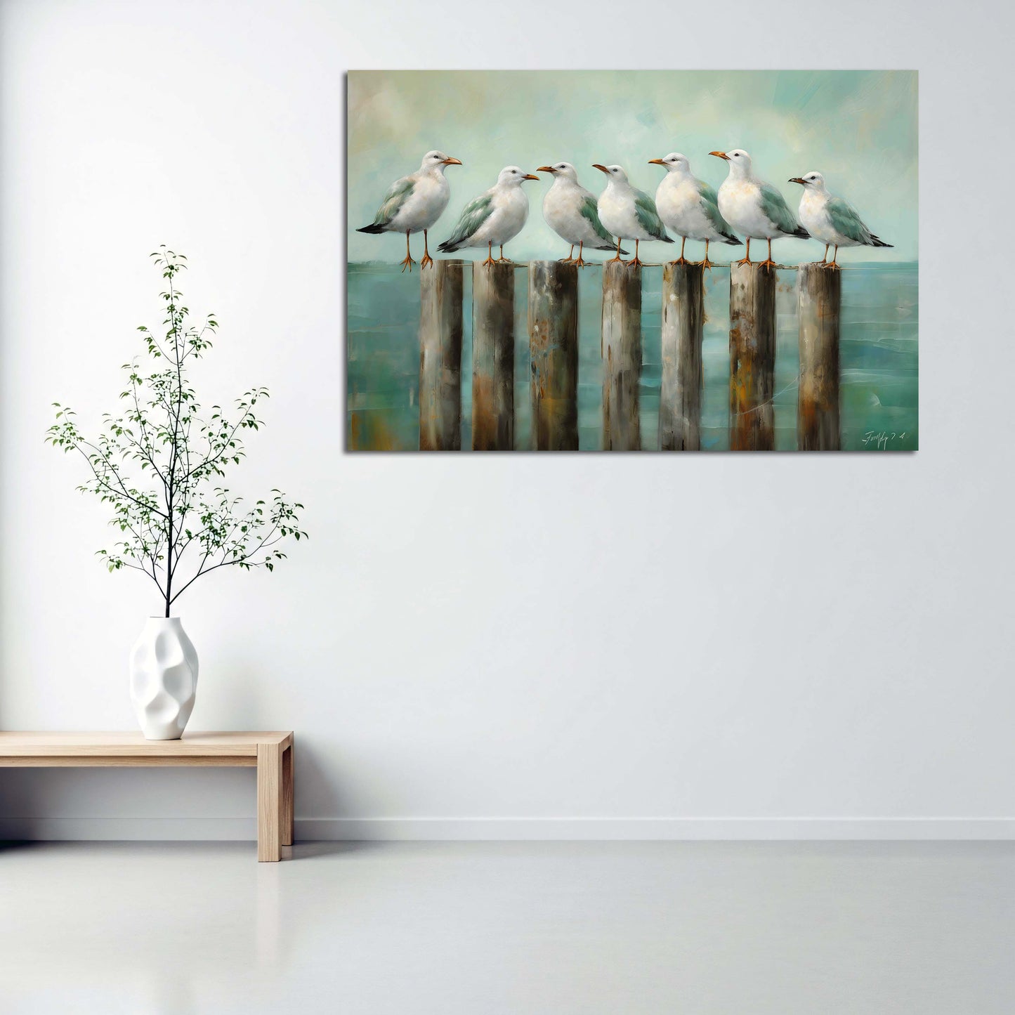 Möwen Meer Pfähle Aquarell maritim Wandbild