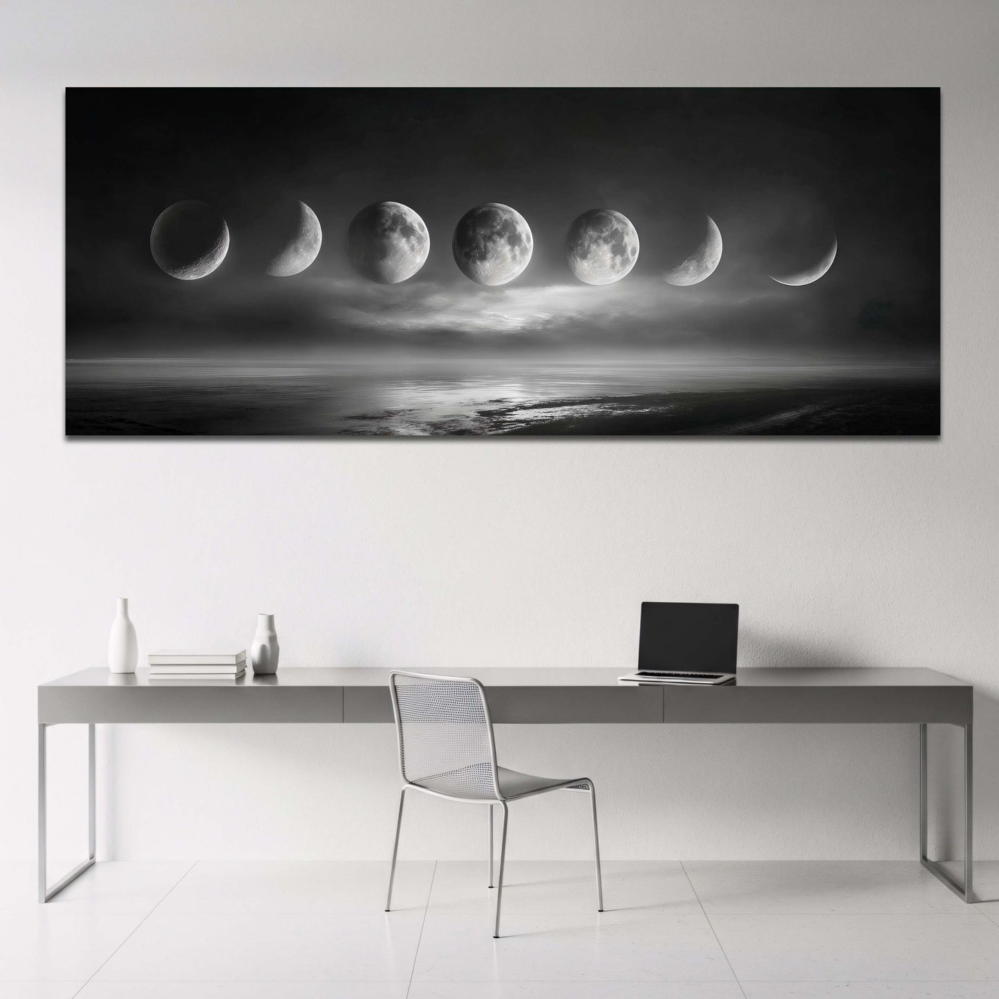 Mondphasen Panorama mit Nebel und Spiegelung Wandbild