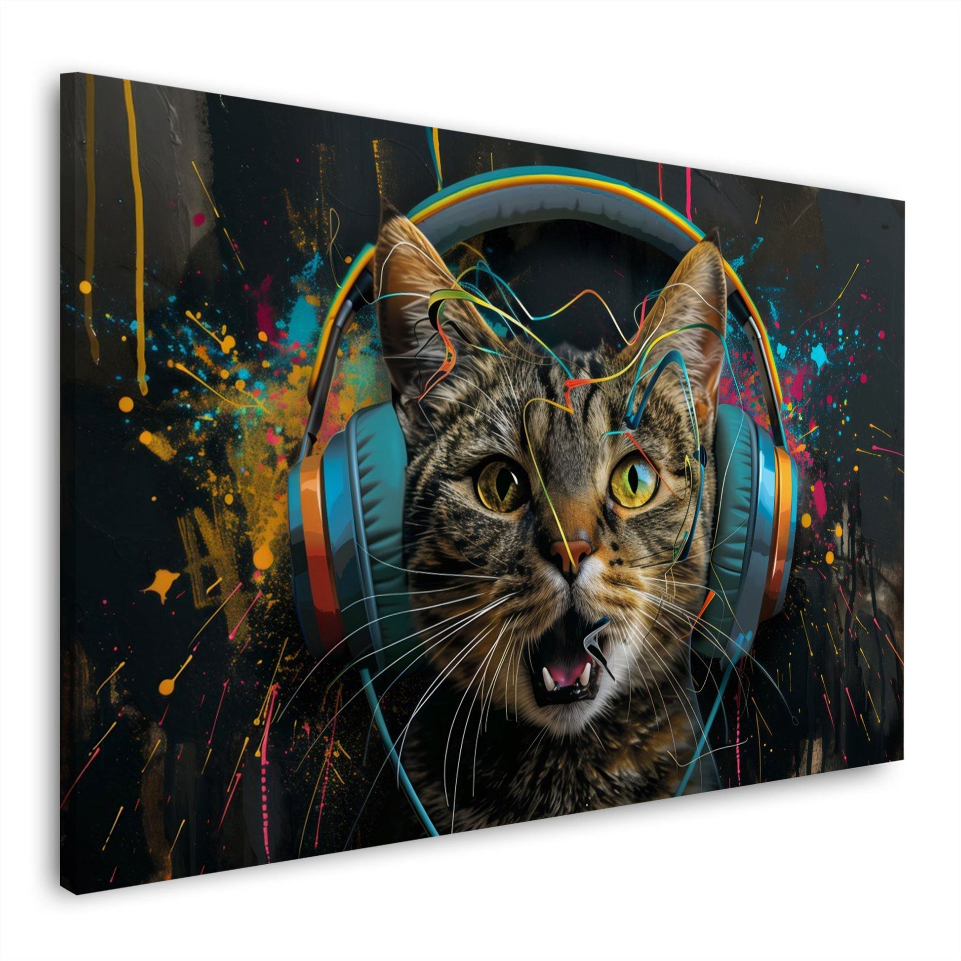 Musikkatze mit Kopfhörern im urbanen Graffiti-Stil Wandbild
