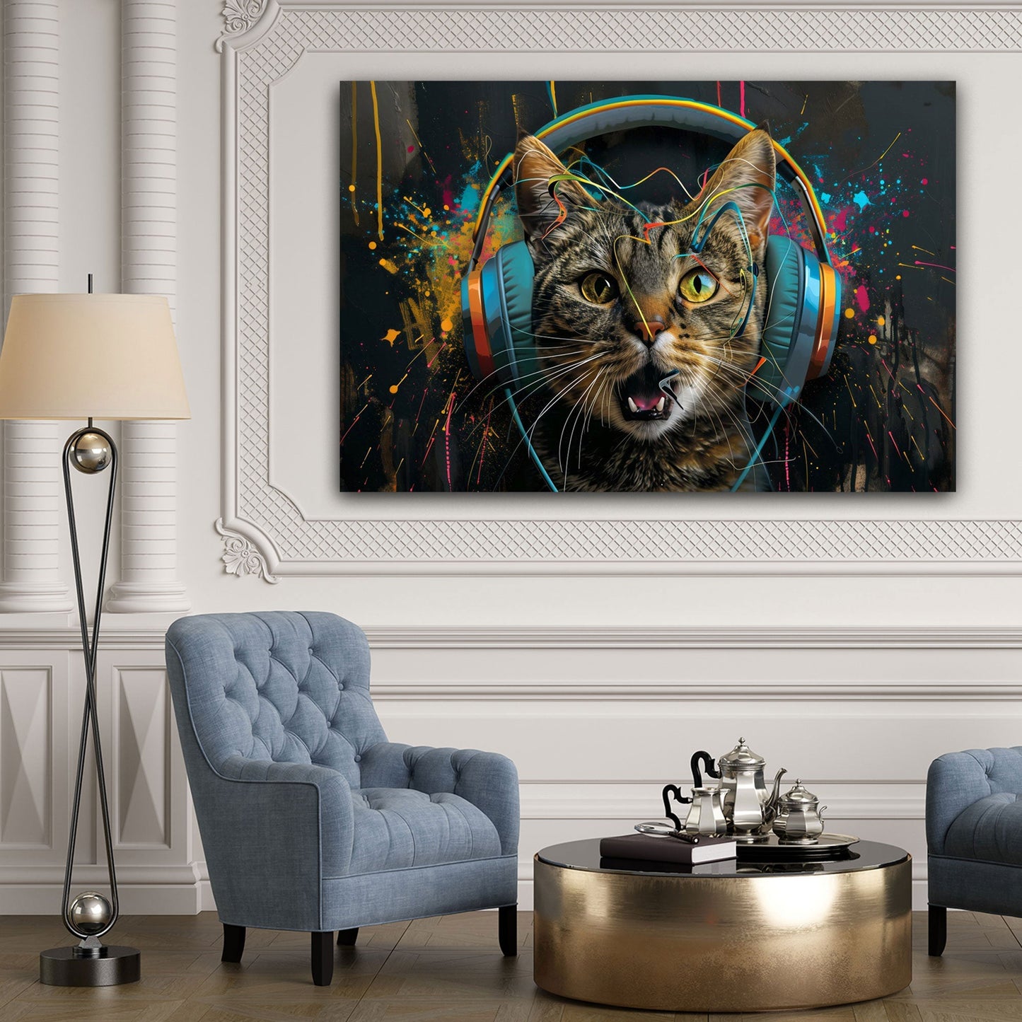Musikkatze Graffiti Wandbild im Wohnzimmer