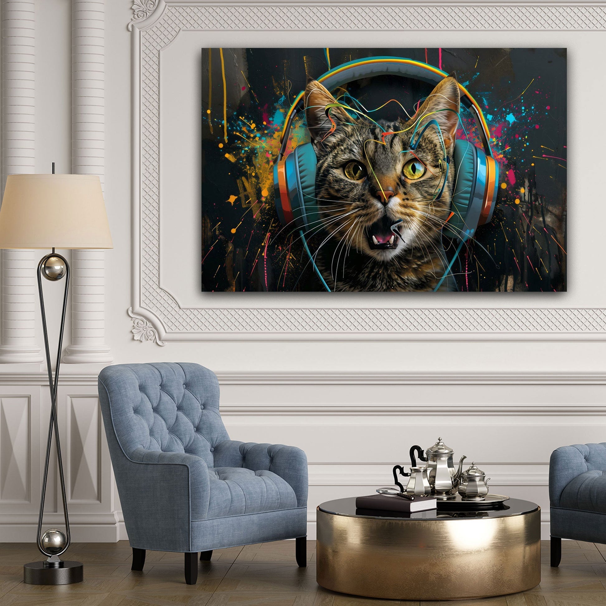 Musikkatze Graffiti Wandbild im Wohnzimmer
