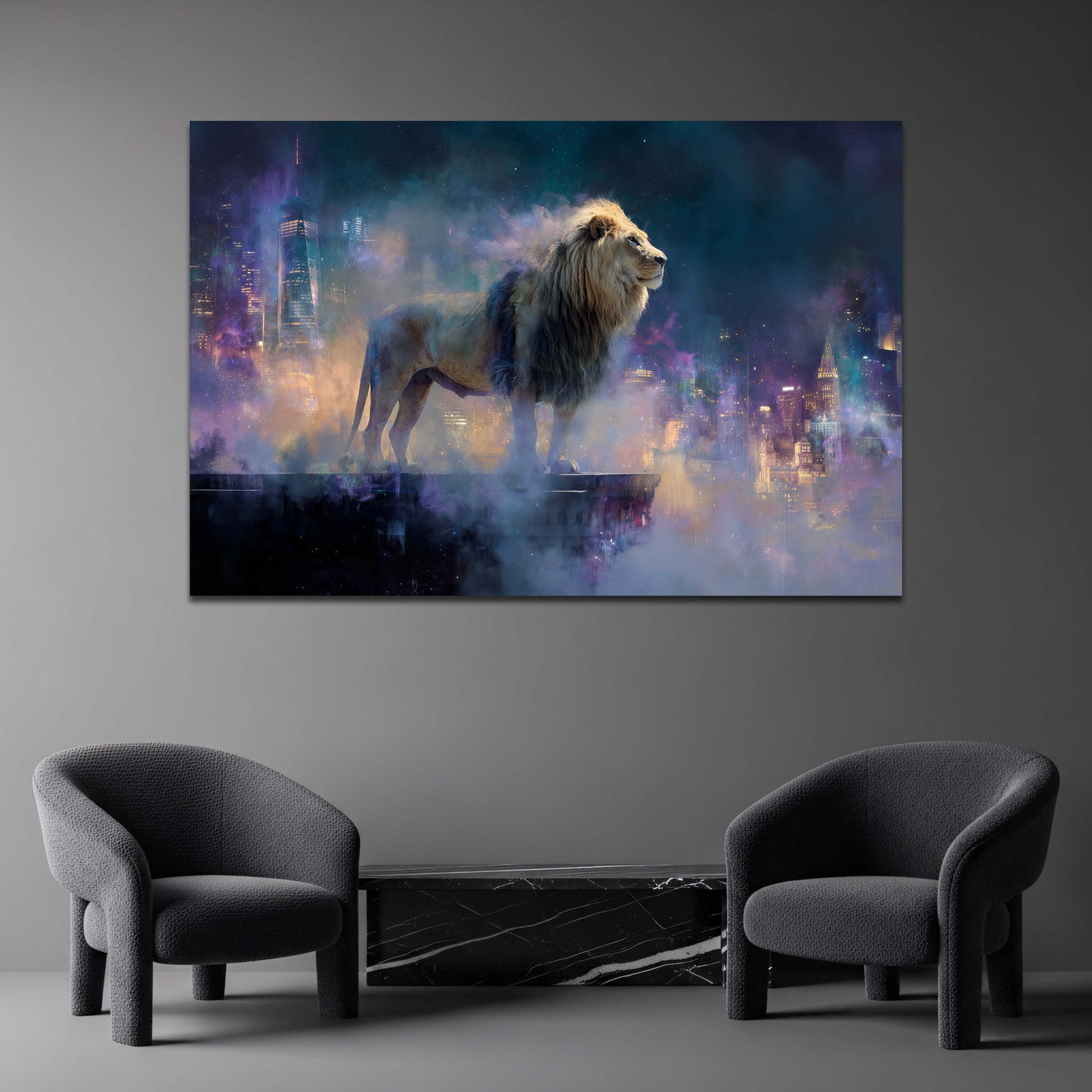 Mystischer Loewe mit New York Skyline und Nebel Wandbild