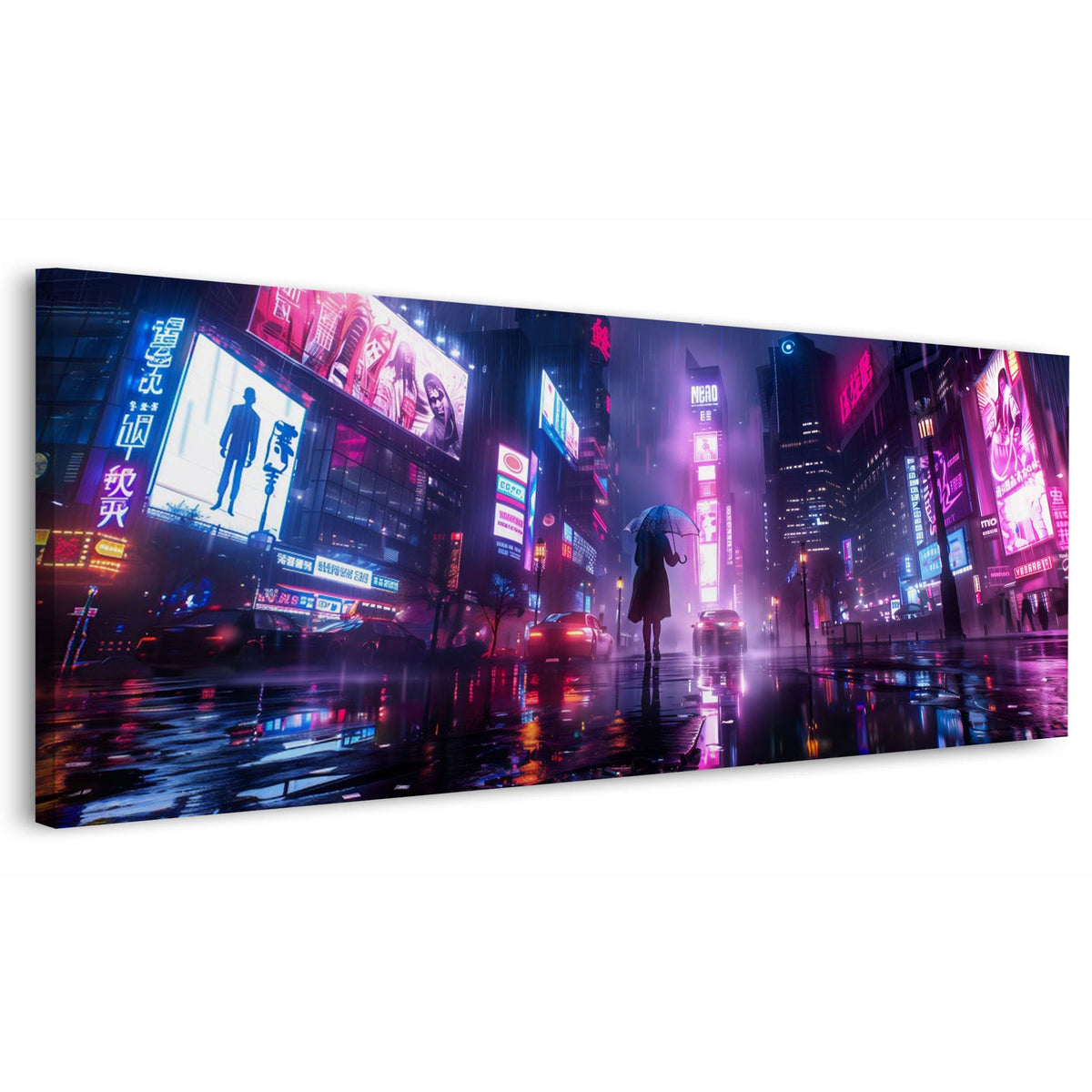 Neon Stadt bei Regen Panorama Wandbild im Querformat