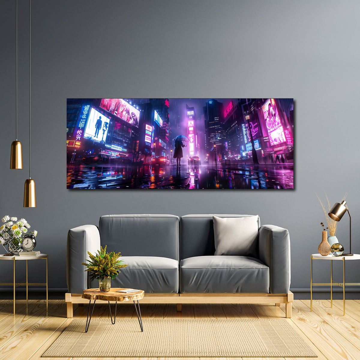 Neon Panorama Wandbild über einem Sofa im Wohnraum