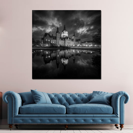 Neues Rathaus Hannover schwarz weiß Spiegelung Himmel Wandbild