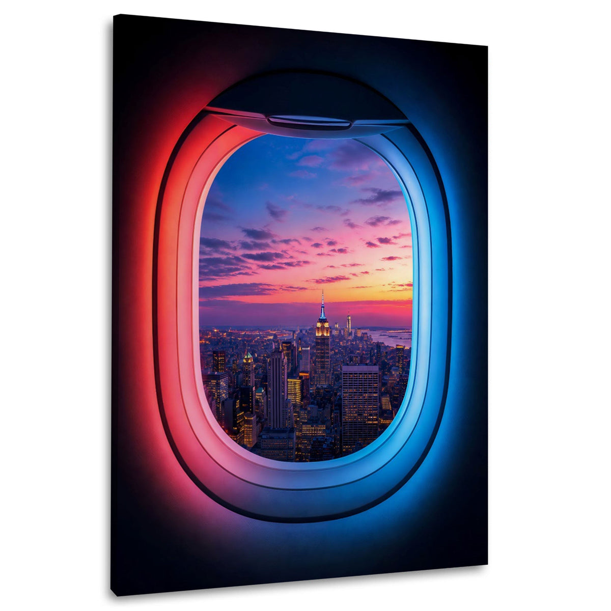 New York Skyline aus dem Flugzeugfenster Wandbild im Hochformat