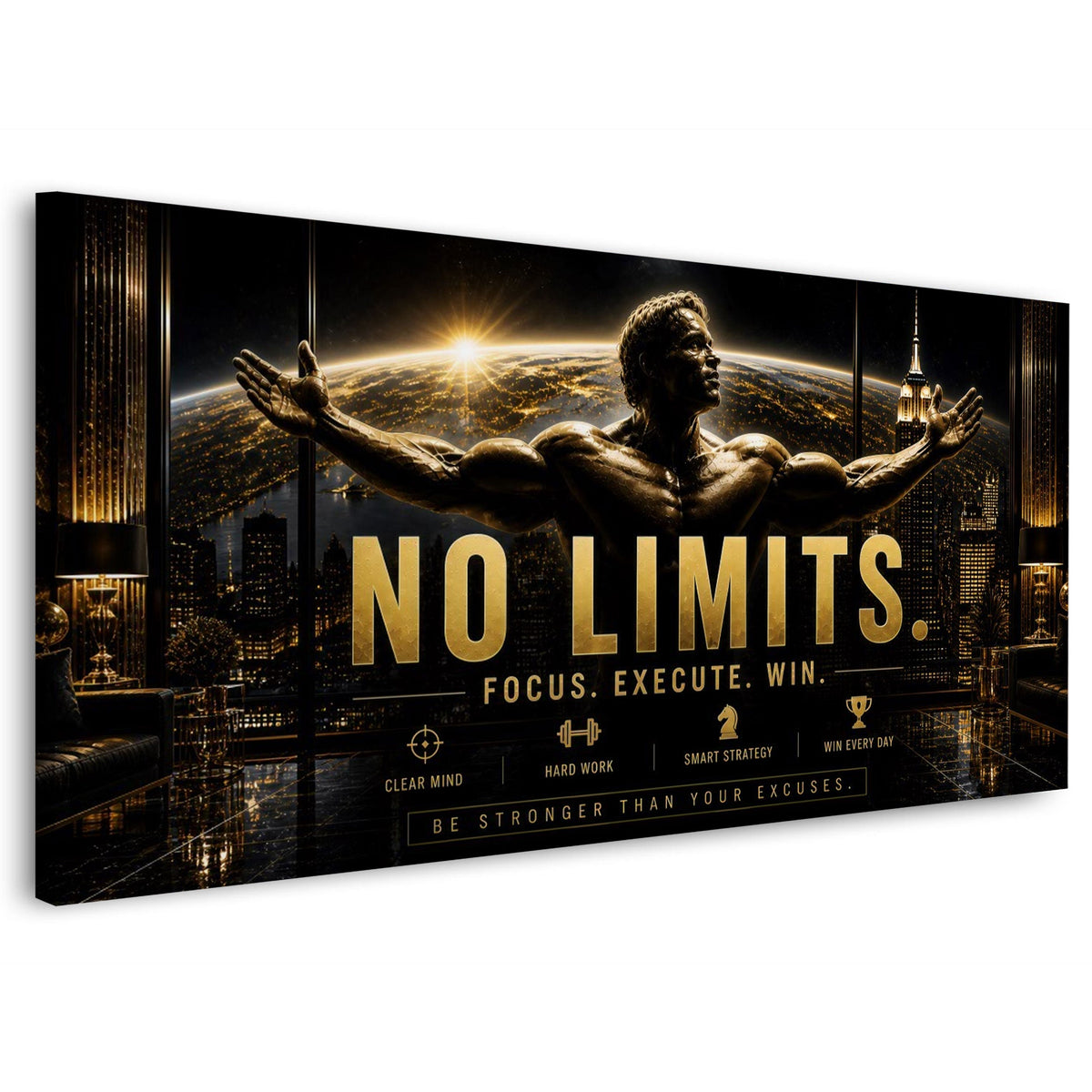 No Limits Motivations Wandbild in Schwarz und Gold im Querformat