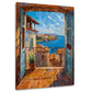 Offenes Fenster mit Blick auf das Meer und Dorf Wandbild im Hochformat