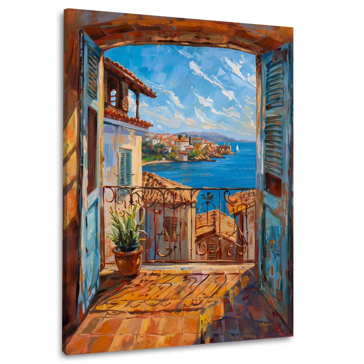 Offenes Fenster mit Blick auf das Meer und Dorf Wandbild im Hochformat