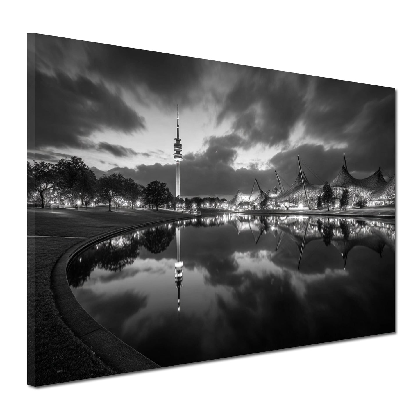 Olympiaturm München Seeufer schwarz weiß Wandbild