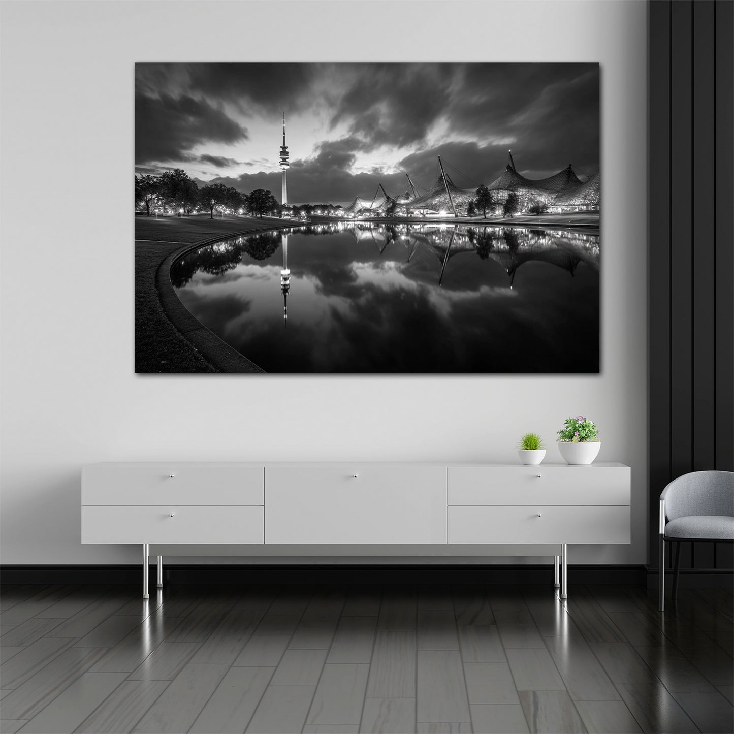 Olympiaturm München Seeufer schwarz weiß Wandbild