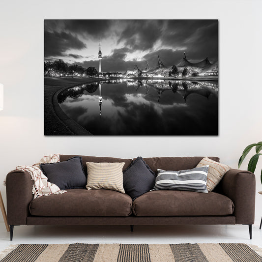 Olympiaturm München Seeufer schwarz weiß Wandbild