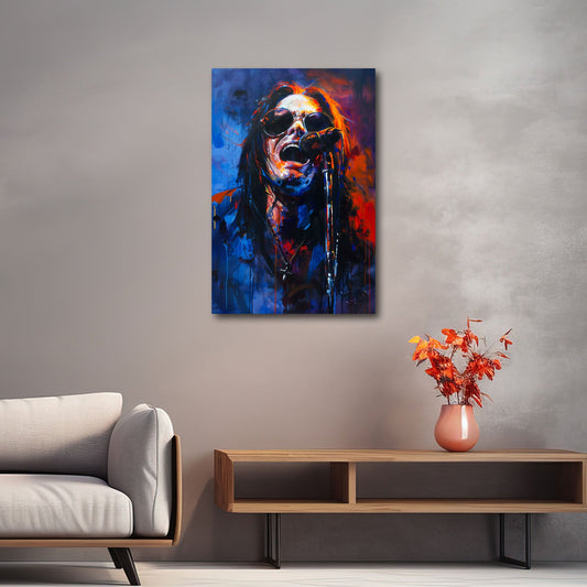 Ozzy mit Sonnenbrille singt am Mikrofon expressives Wandbild
