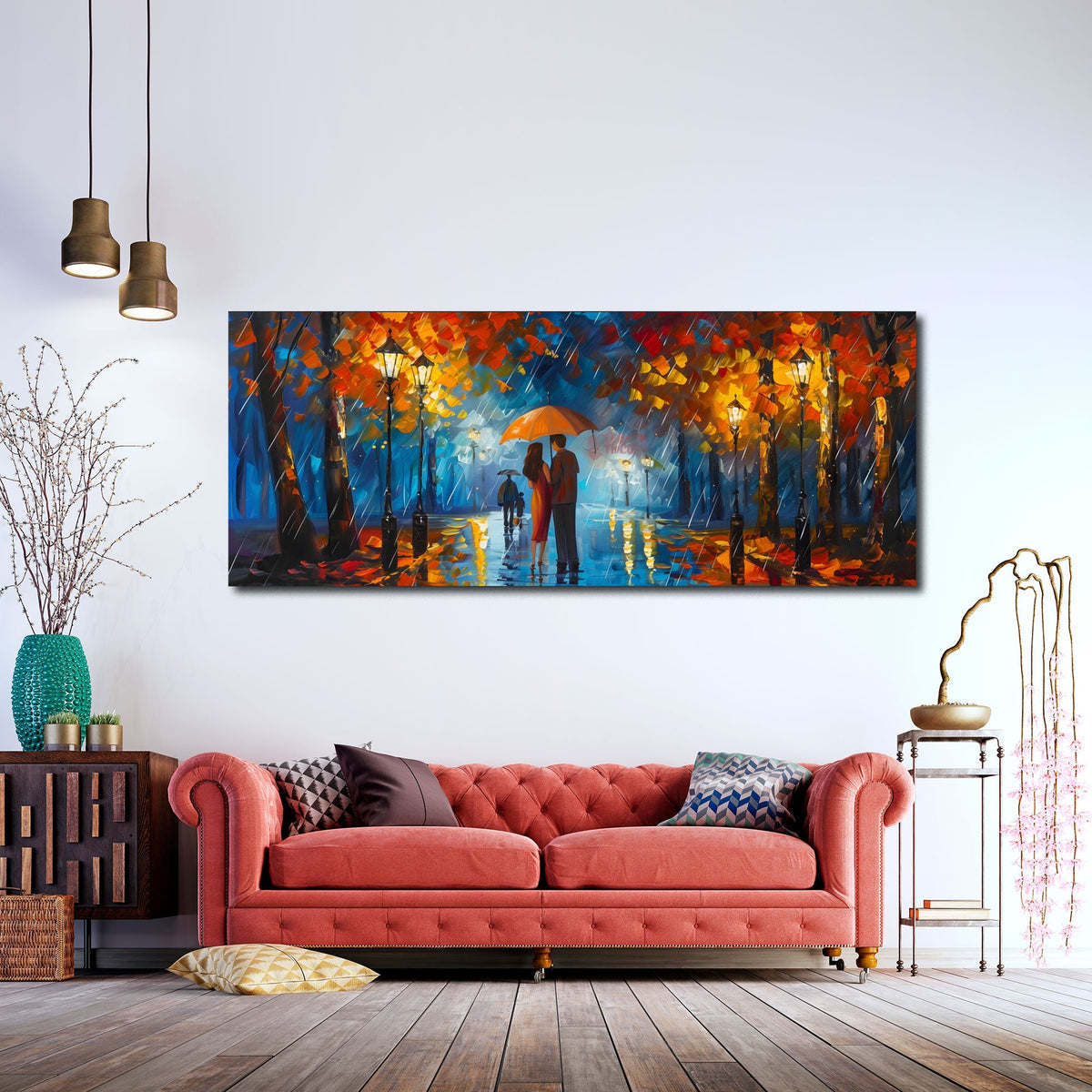 Farbstarkes Panorama Wandbild über einem Sofa im Wohnraum