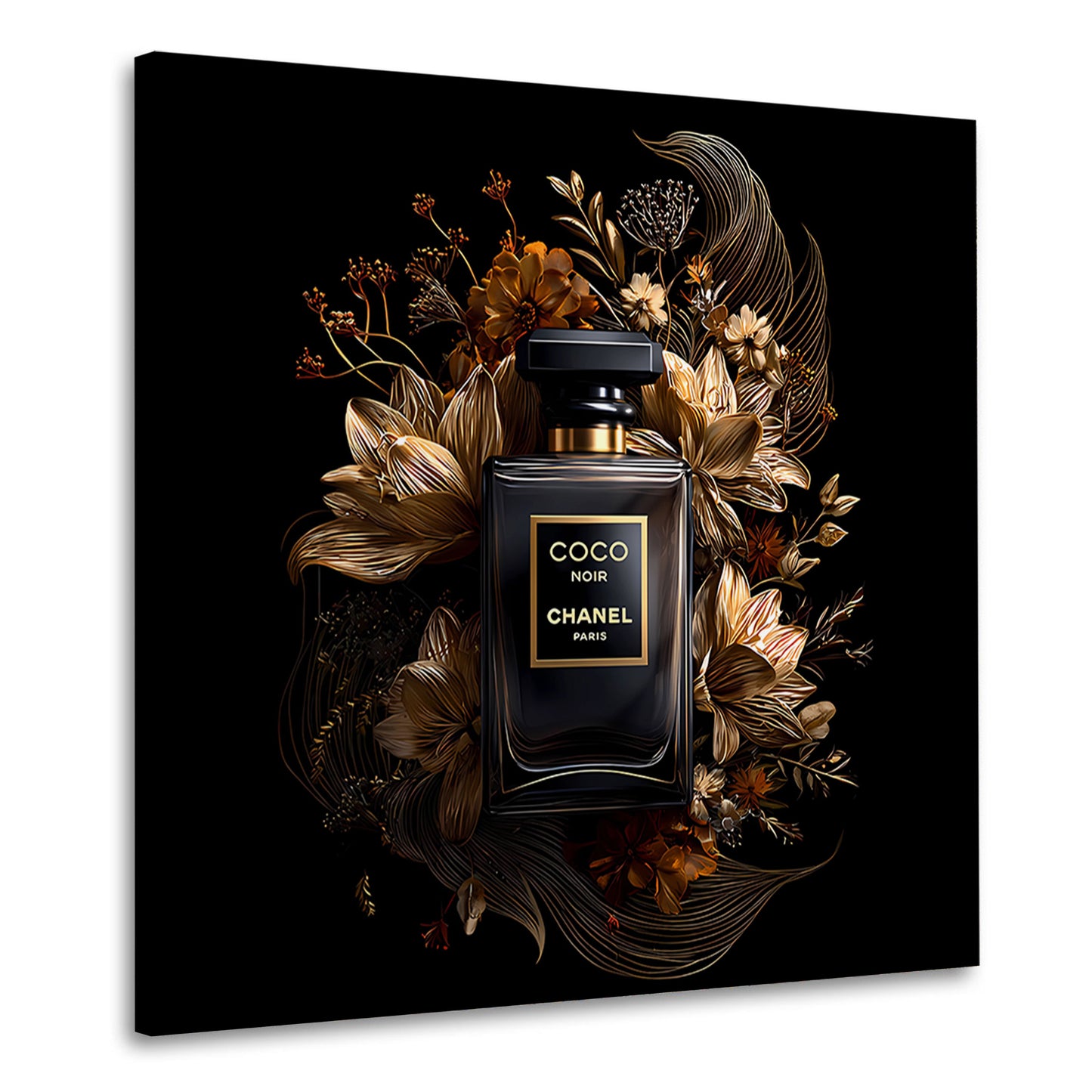 Parfumflakon schwarz gold Blüten Luxus Wandbild