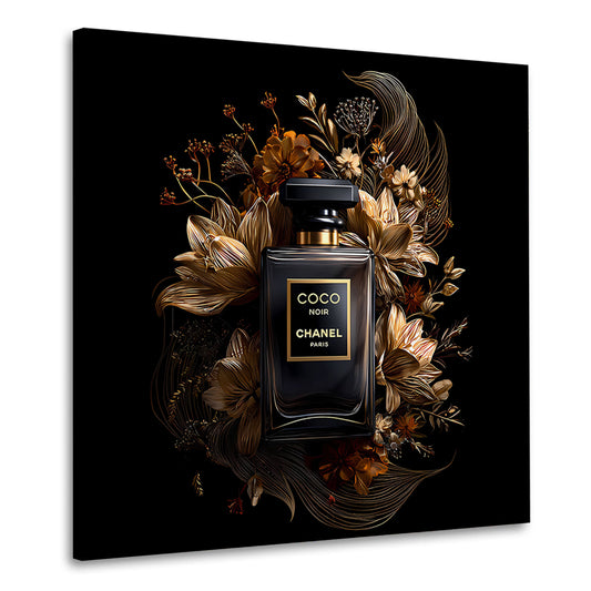 Parfumflakon schwarz gold Blüten Luxus Wandbild