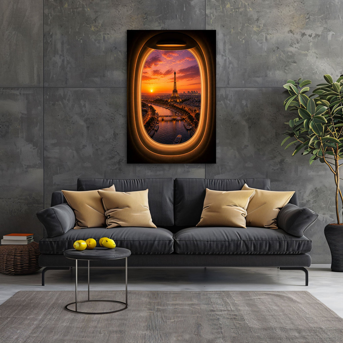 Paris Wandbild mit Eiffelturm über einem Sofa im Wohnraum