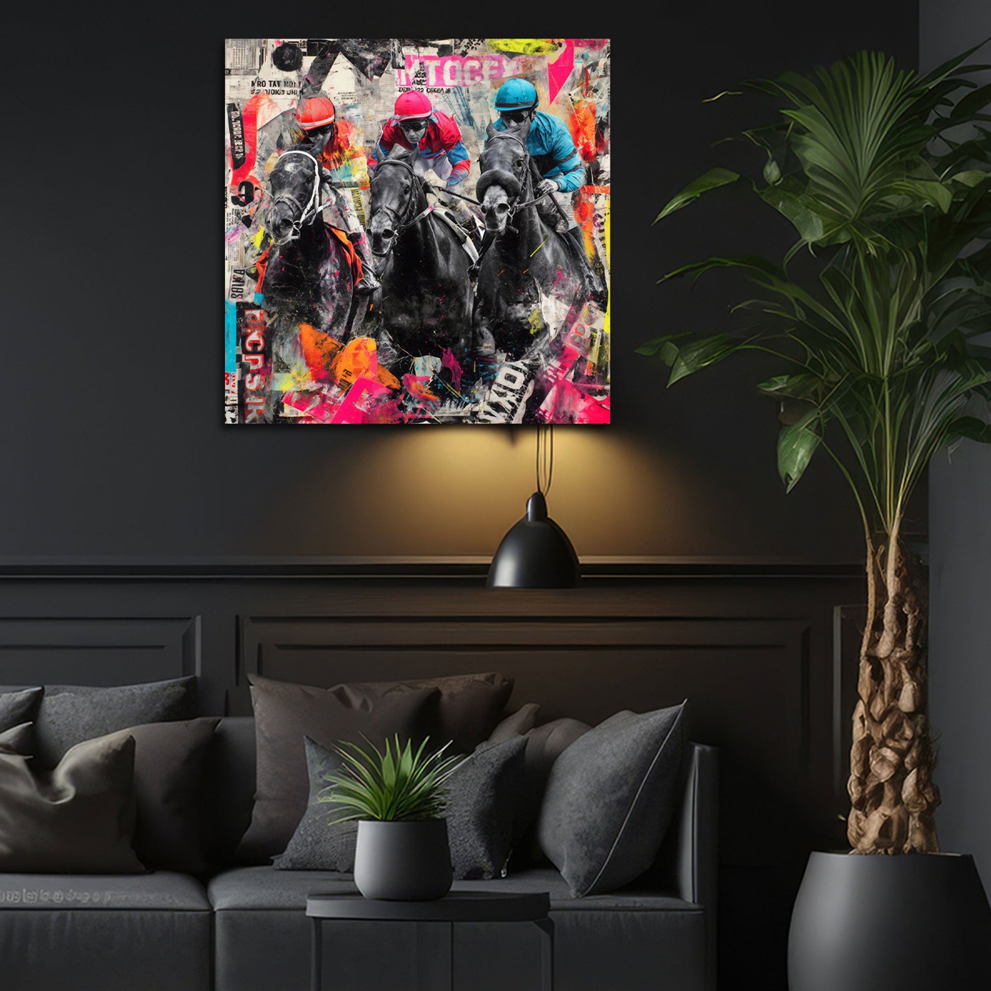 Pferderennen Pop Art Collage Wandbild Raumansicht