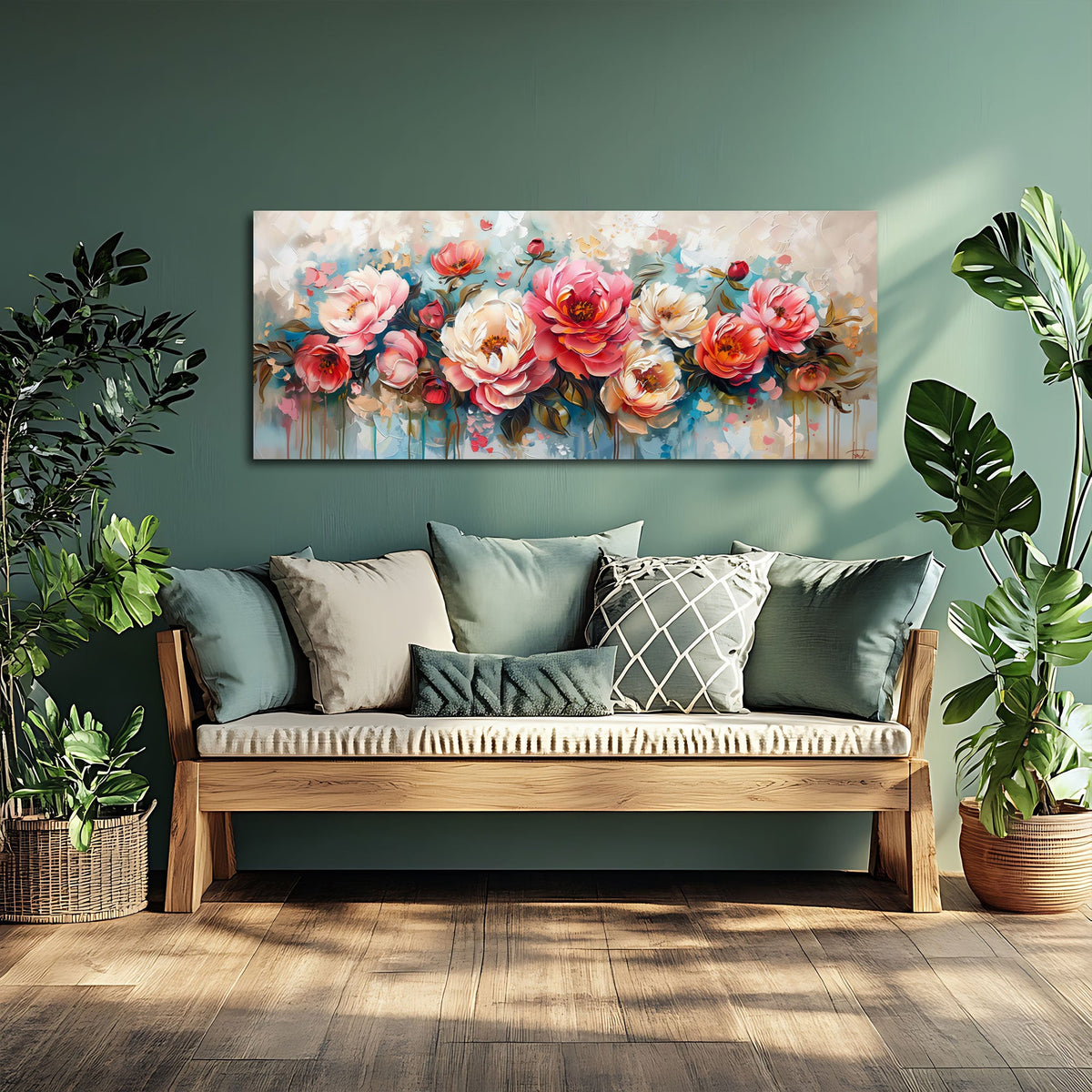 Panorama Blumen Wandbild über einem Sofa im Wohnraum