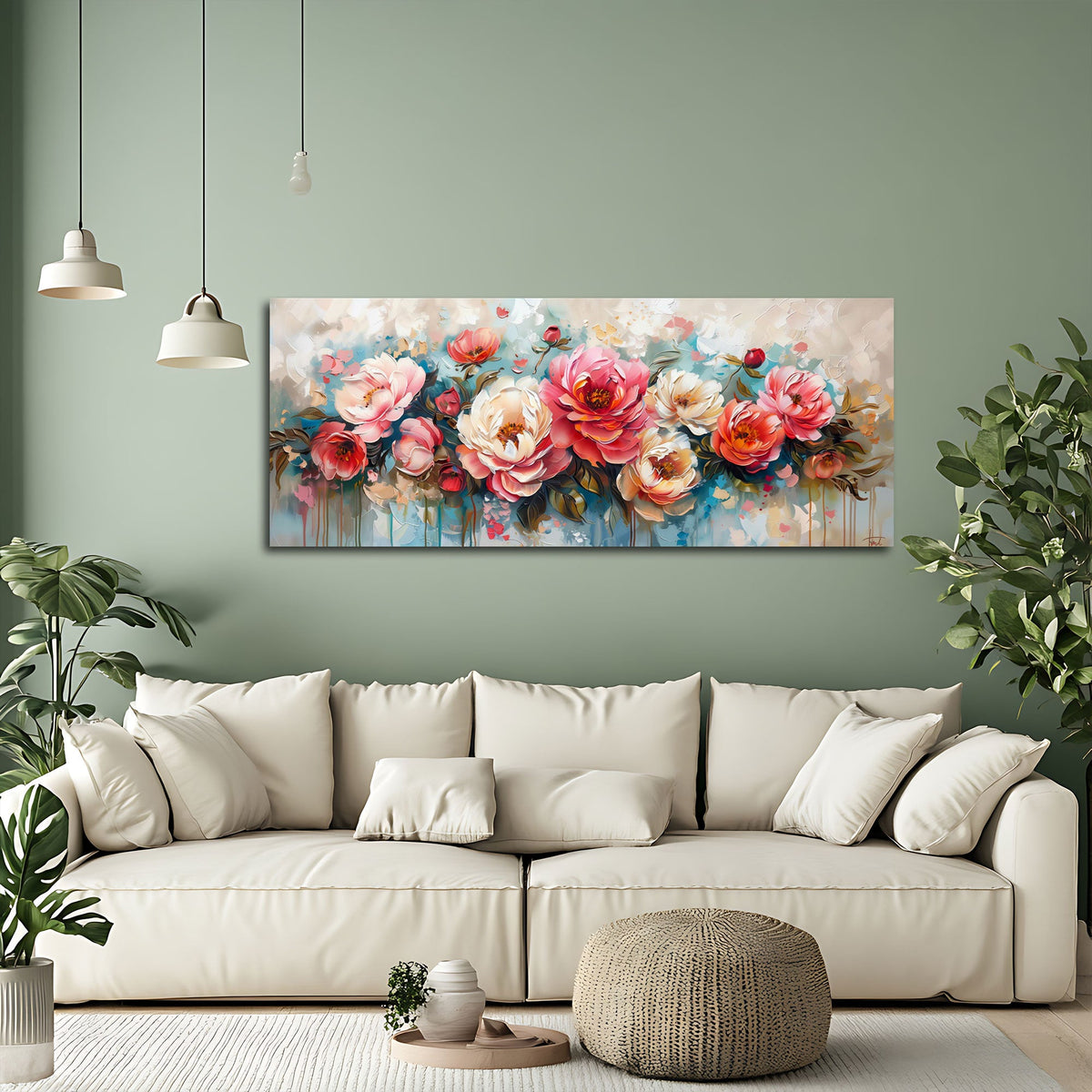 Schmales Panorama Wandbild mit Pfingstrosen an einer Wohnraumwand