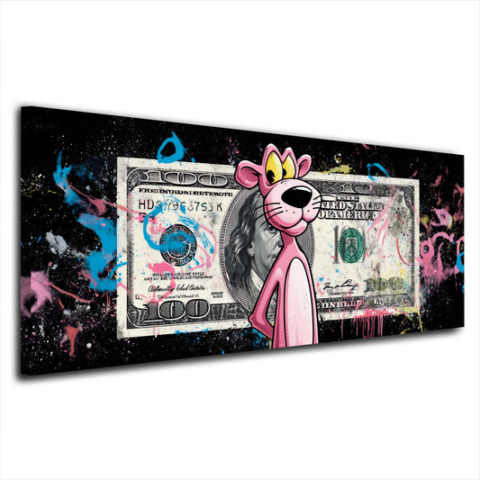 Pink Panther vor Dollarschein auf schwarzem Grund Wandbild