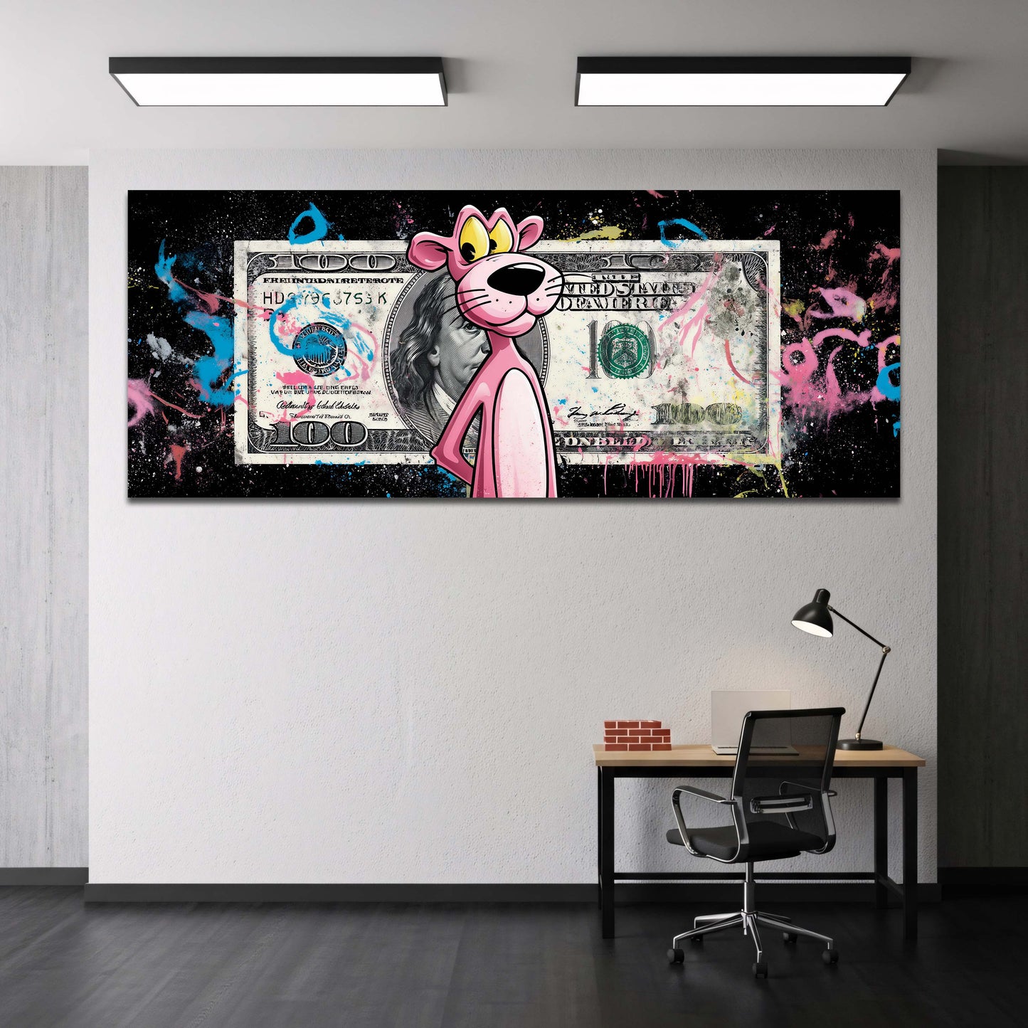 Pink Panther vor Dollarschein auf schwarzem Grund Wandbild
