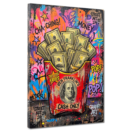 Rote Pommes Tüte voller Dollarscheine Cash Only Pop Art Wandbild