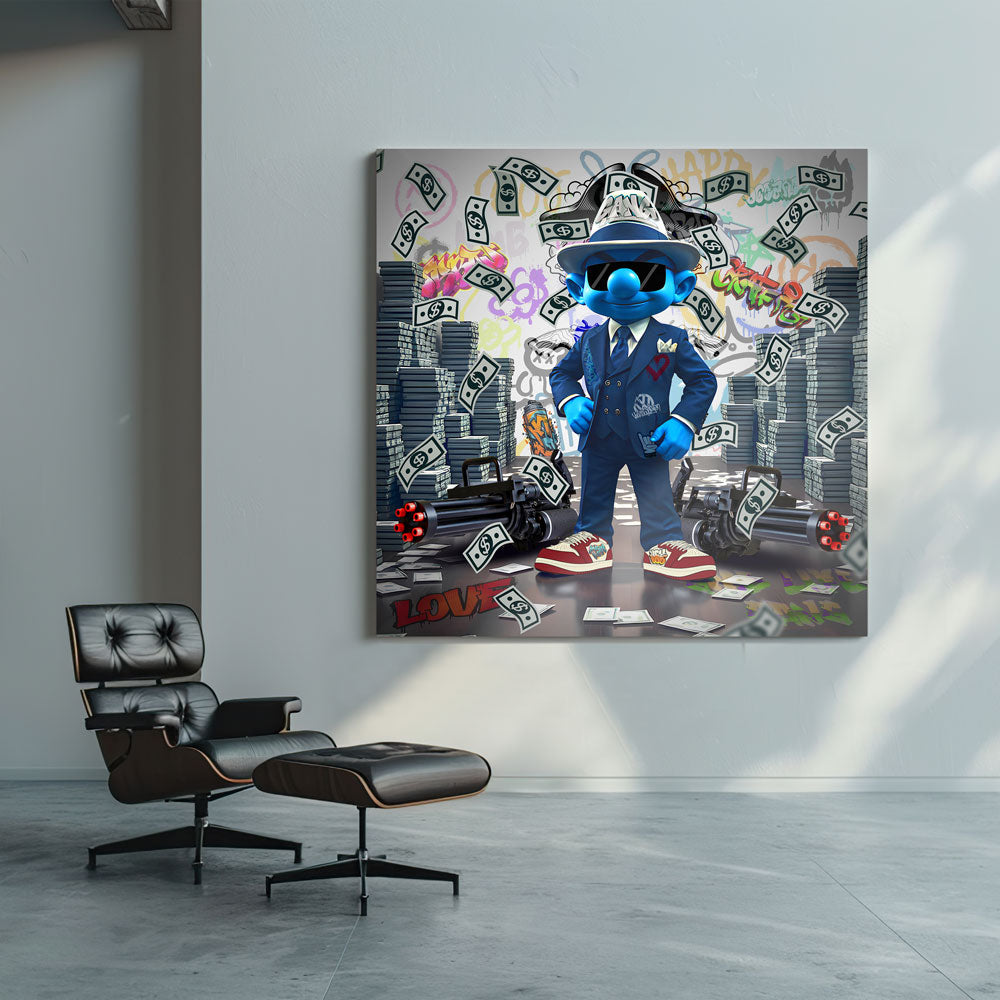 Pop Art Cool Blue Man im Anzug mit Geld Macht Wandbild