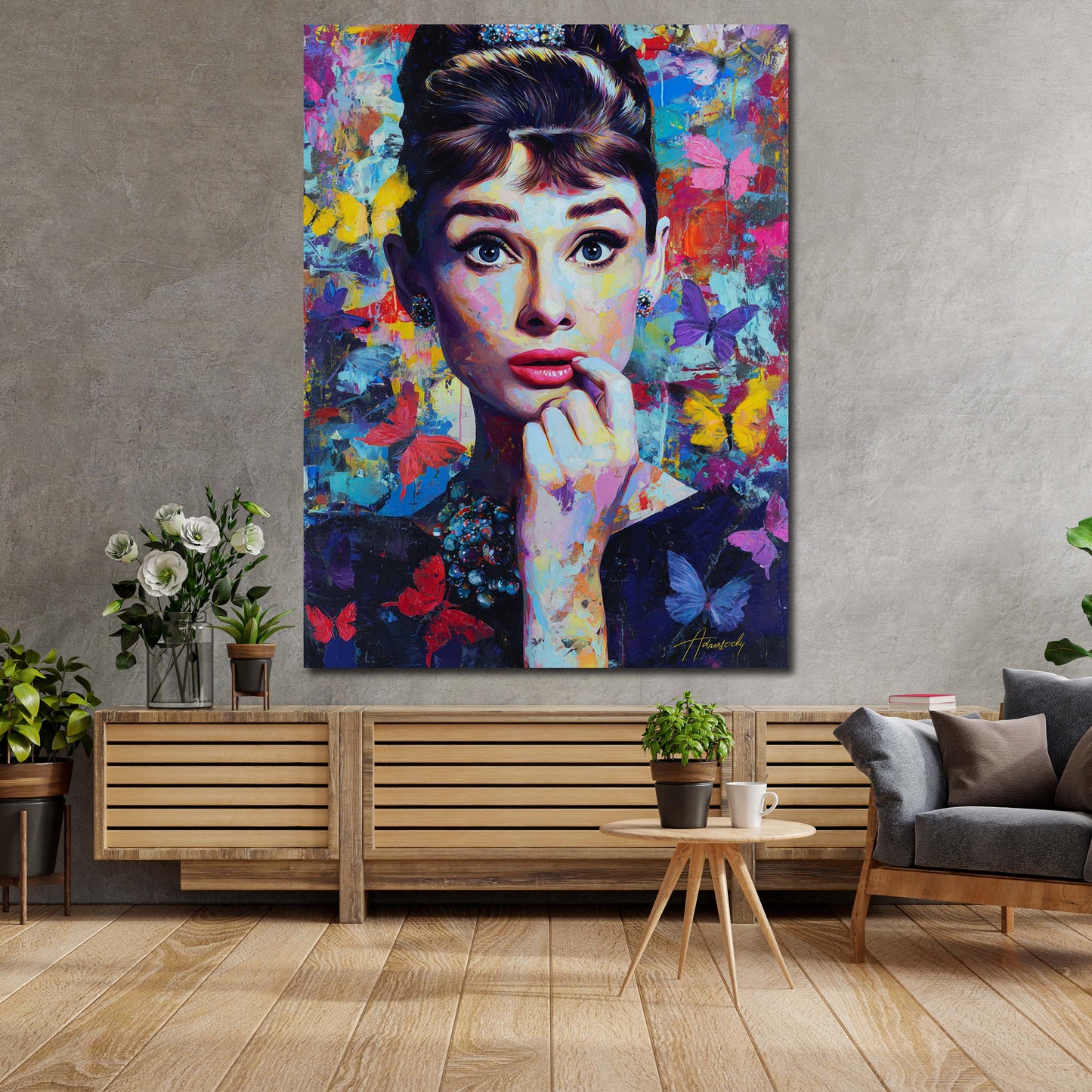 Pop Art Audrey Porträt bunte Schmetterlinge Wandbild