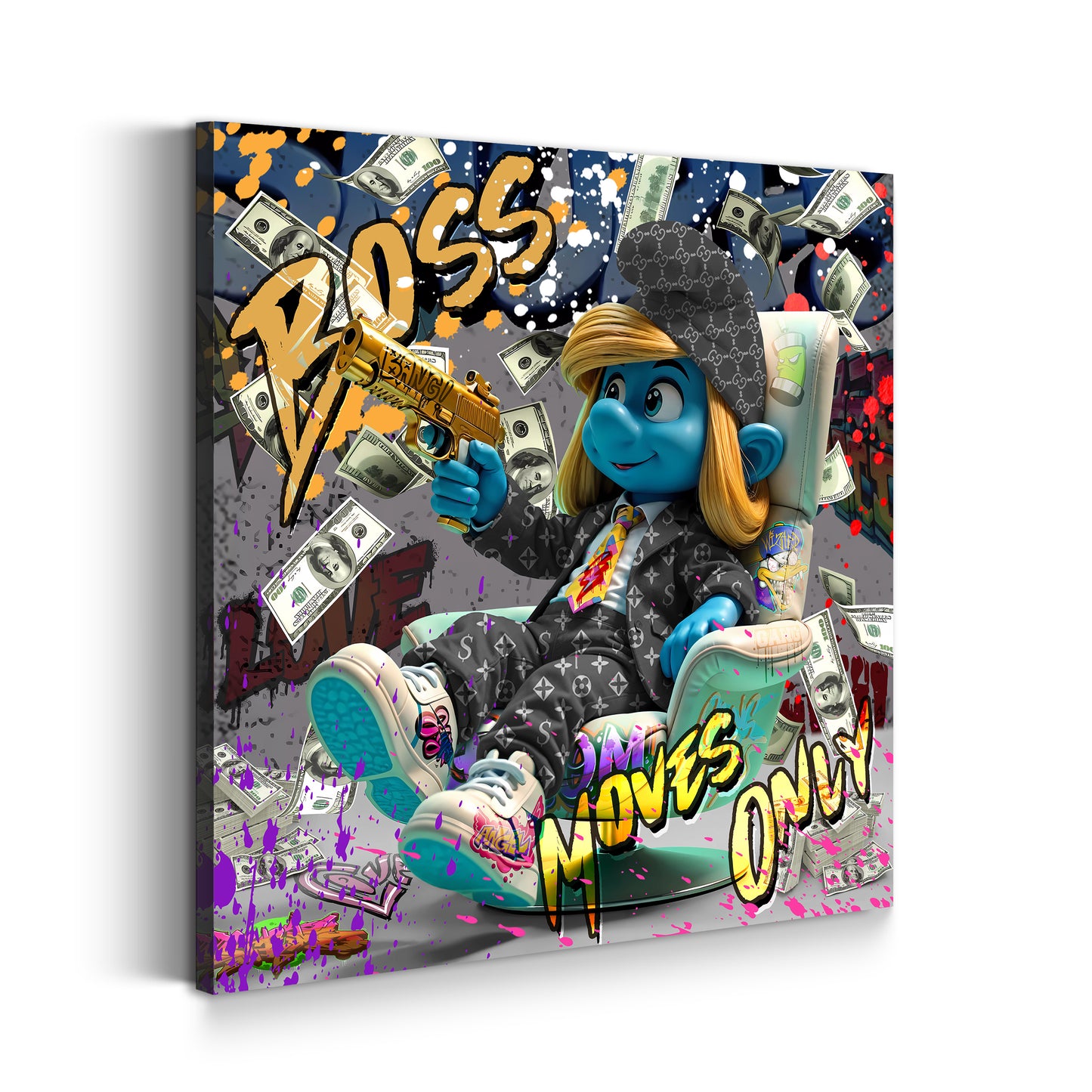 Pop Art blaue Comicfigur Boss Geld und Erfolg Wandbild