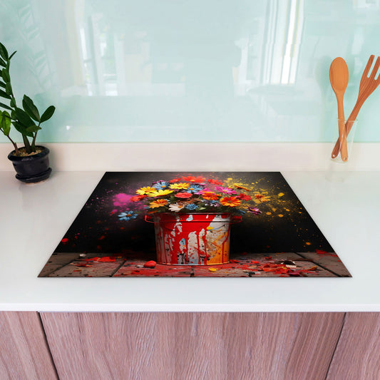 Pop Art Blumen in Eimer Herdabdeckplatte Induktionsschutz für Ceranfeld & Küche Deko
