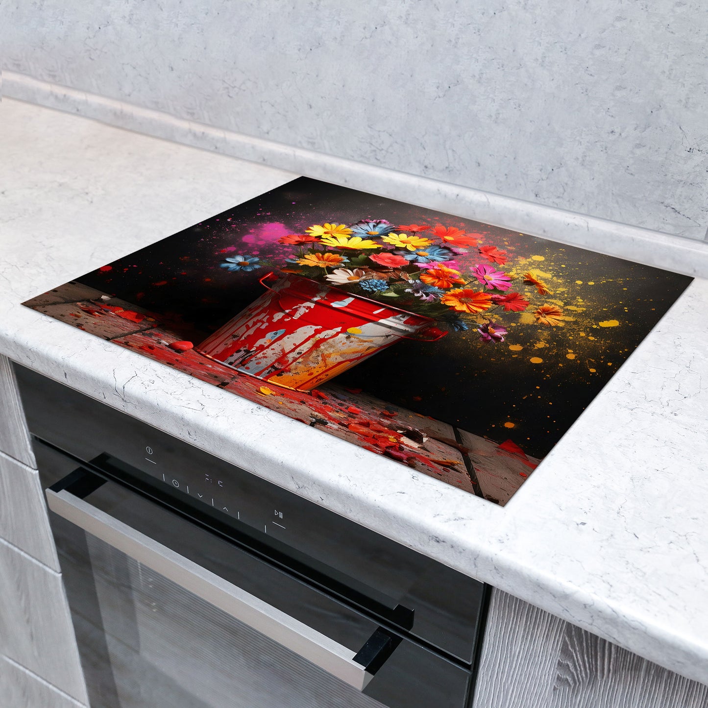 Pop Art Blumen in Eimer Herdabdeckplatte Induktionsschutz für Ceranfeld & Küche Deko