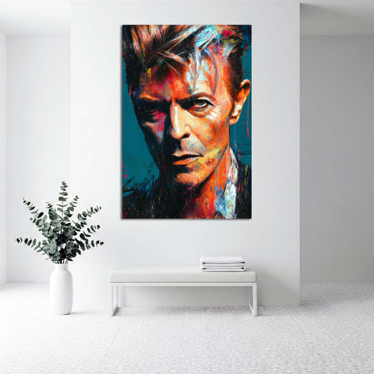 Pop Art Bowie Porträt bunt Ausdruck Gesicht Wandbild