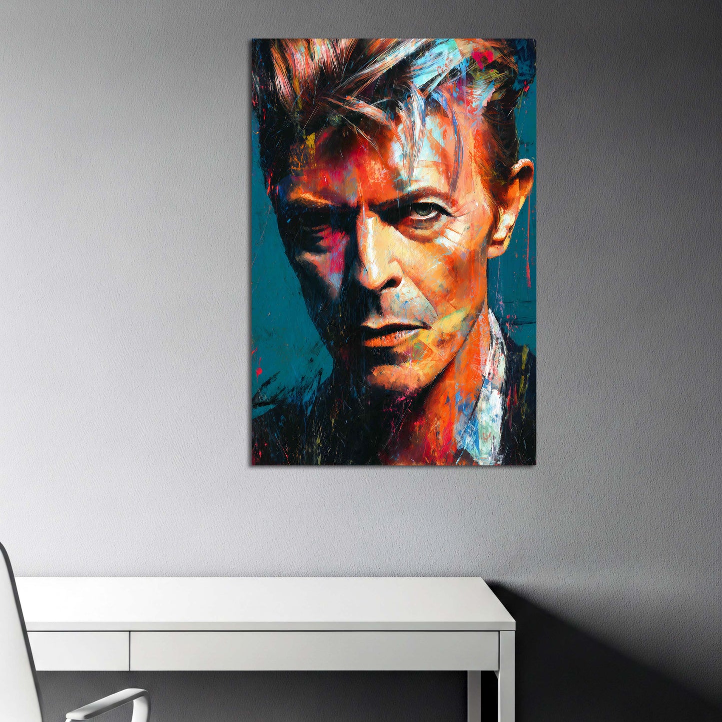 Pop Art Bowie Porträt bunt Ausdruck Gesicht Wandbild
