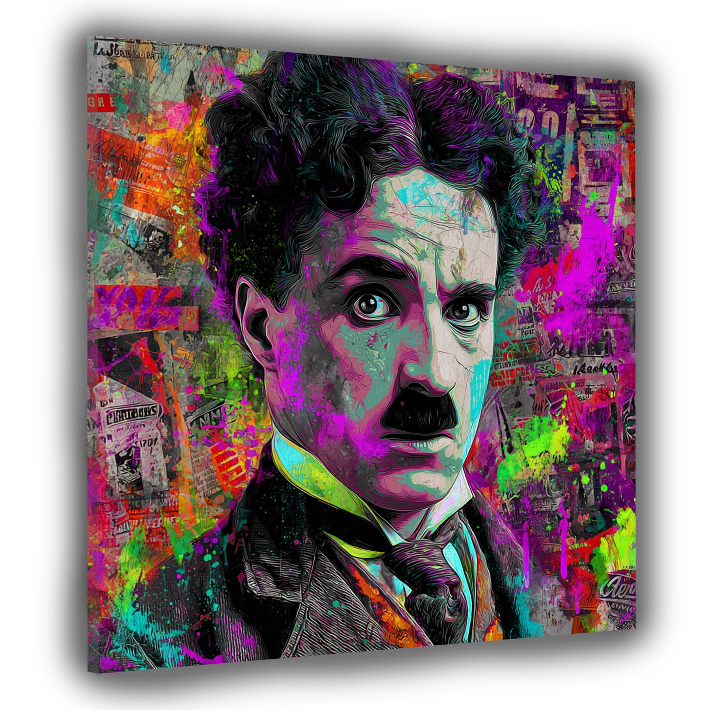 Pop Art Chaplin Porträt mit Neon Hintergrund Wandbild