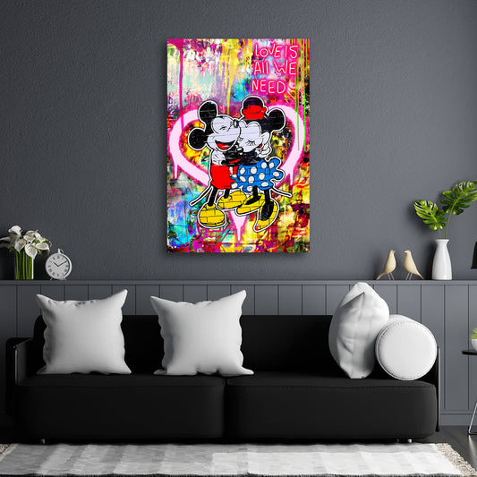 Pop Art Comic Mäuse Umarmung Neon Herz Wandbild