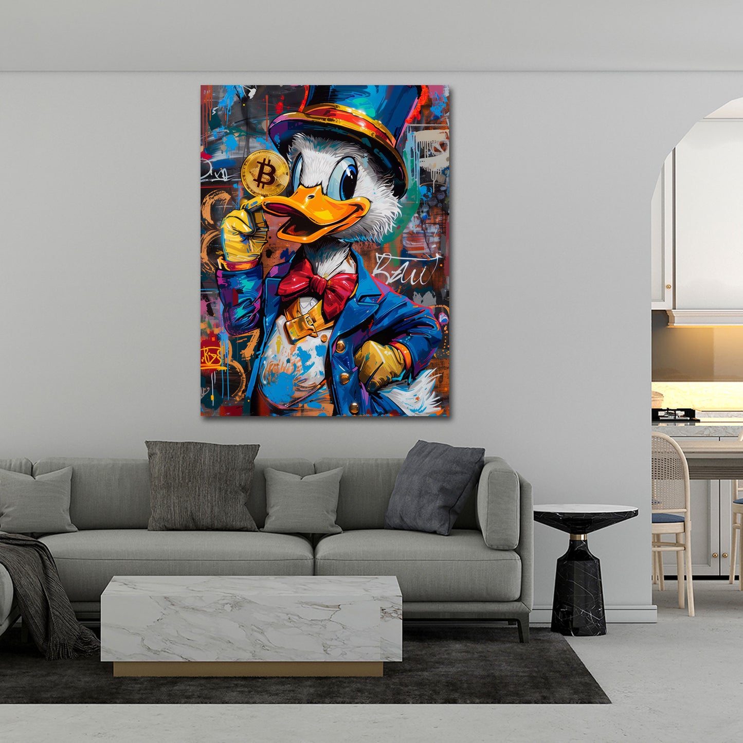 Pop Art Ente in Reichtum mit Bitcoin Geld Business Wandbild
