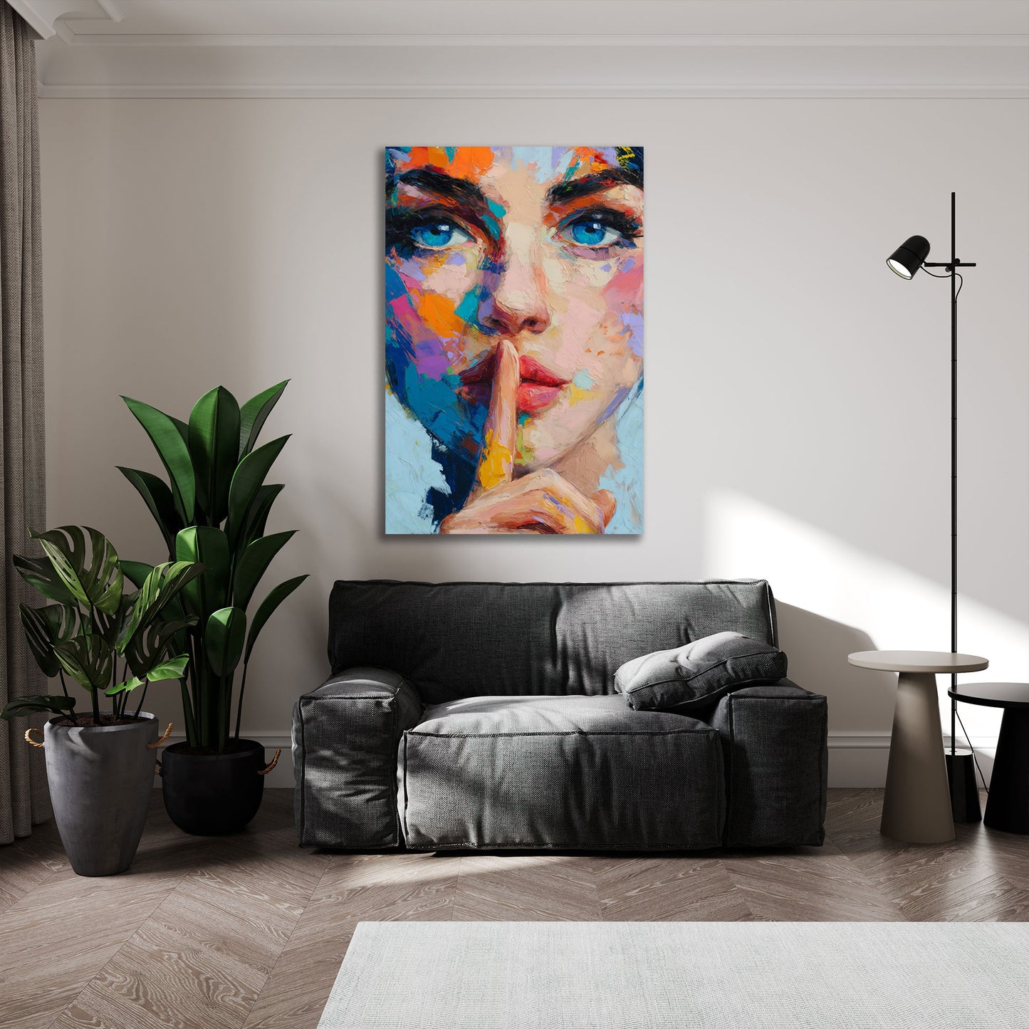Pop Art Frauen Porträt buntes Gesicht blaue Augen Wandbild