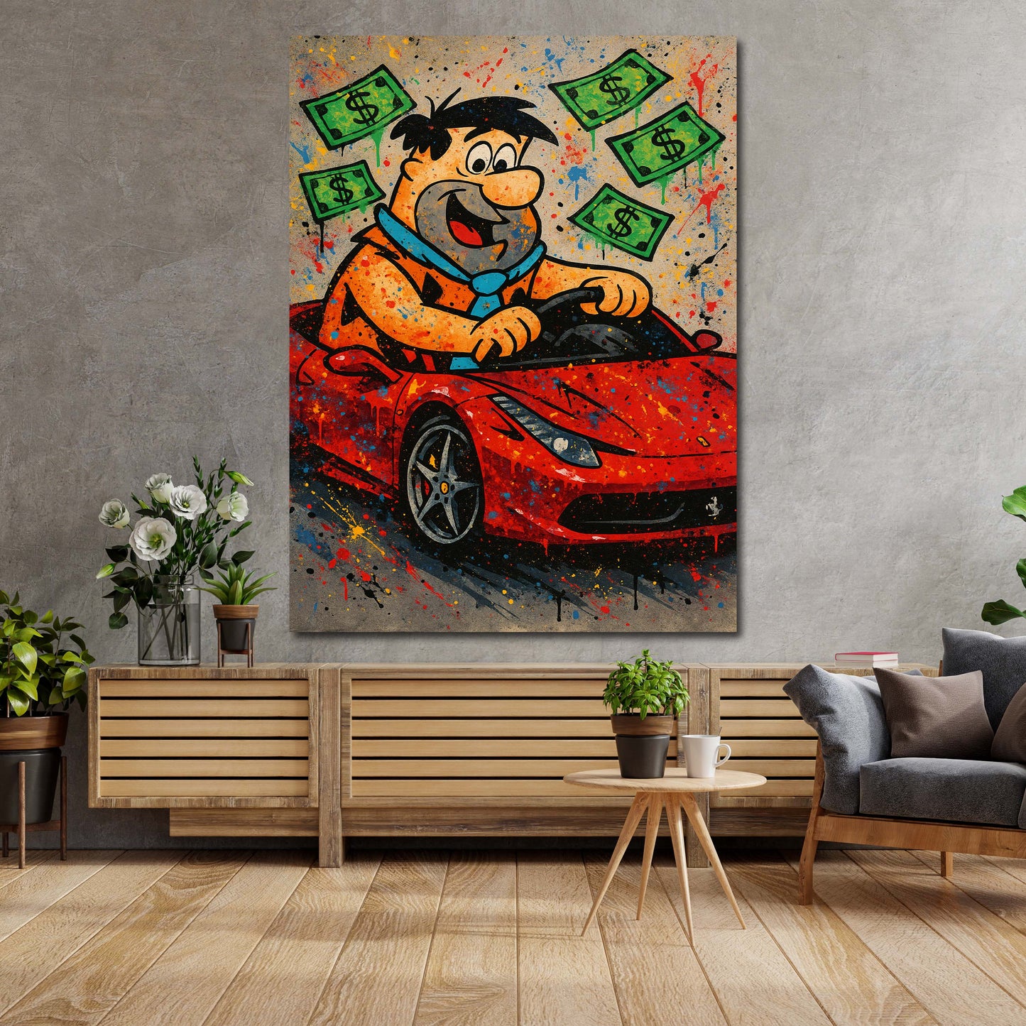 Pop Art Fred Comicfigur im Ferrari Erfolg Wandbild