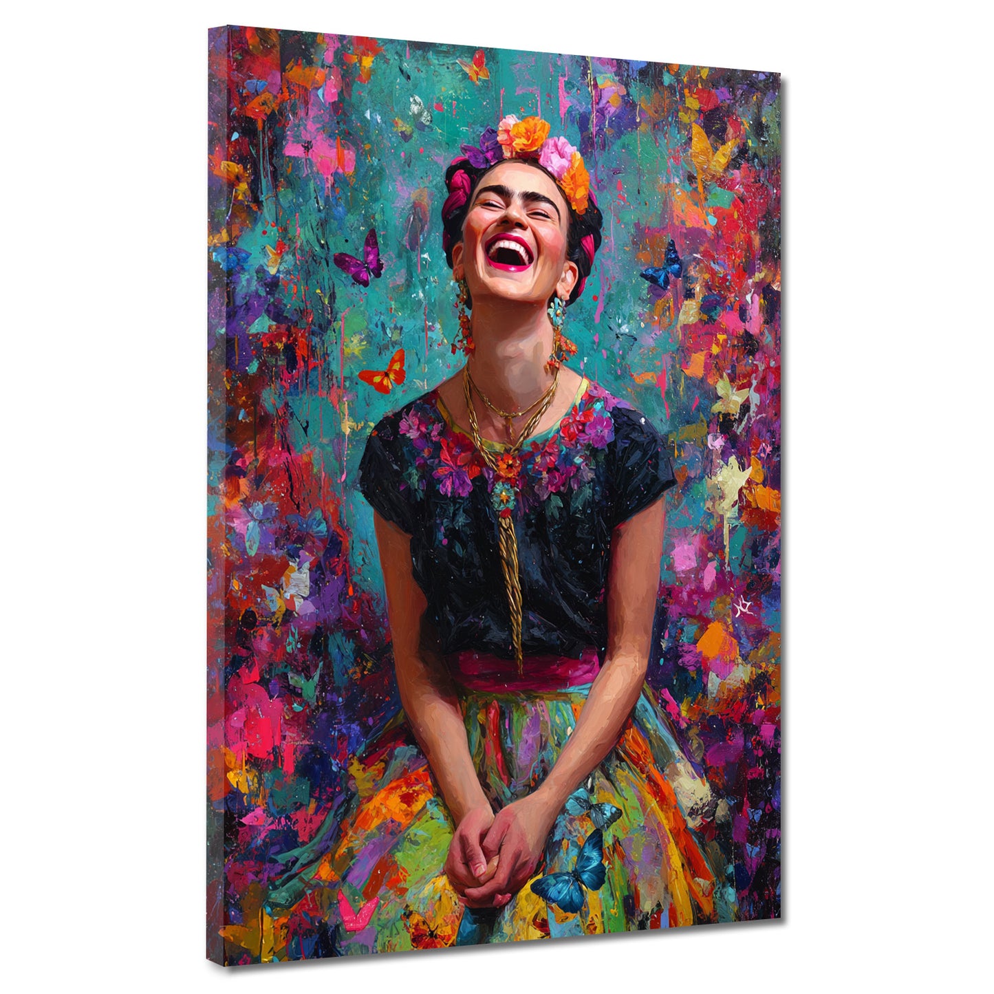 Pop Art Frida Porträt Farbenfreude Lachen Wandbild