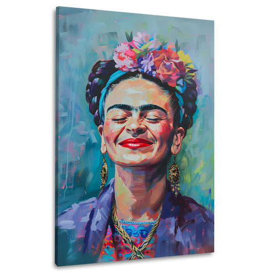 Frida Porträt lächelnd mit Blumenkranz Wandbild