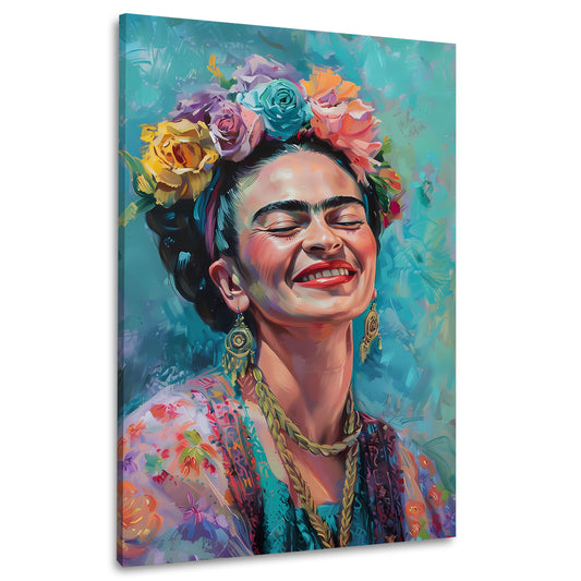 Frida Porträt mit Blumenkranz in Türkis Wandbild