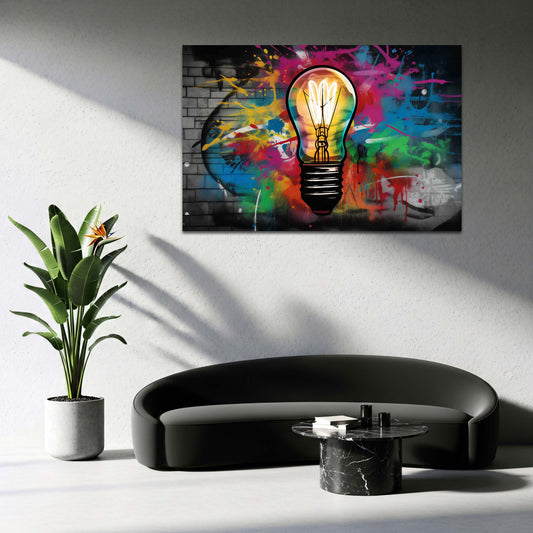 Pop Art Glühbirne Street Art mit Farbklecksen Wandbild