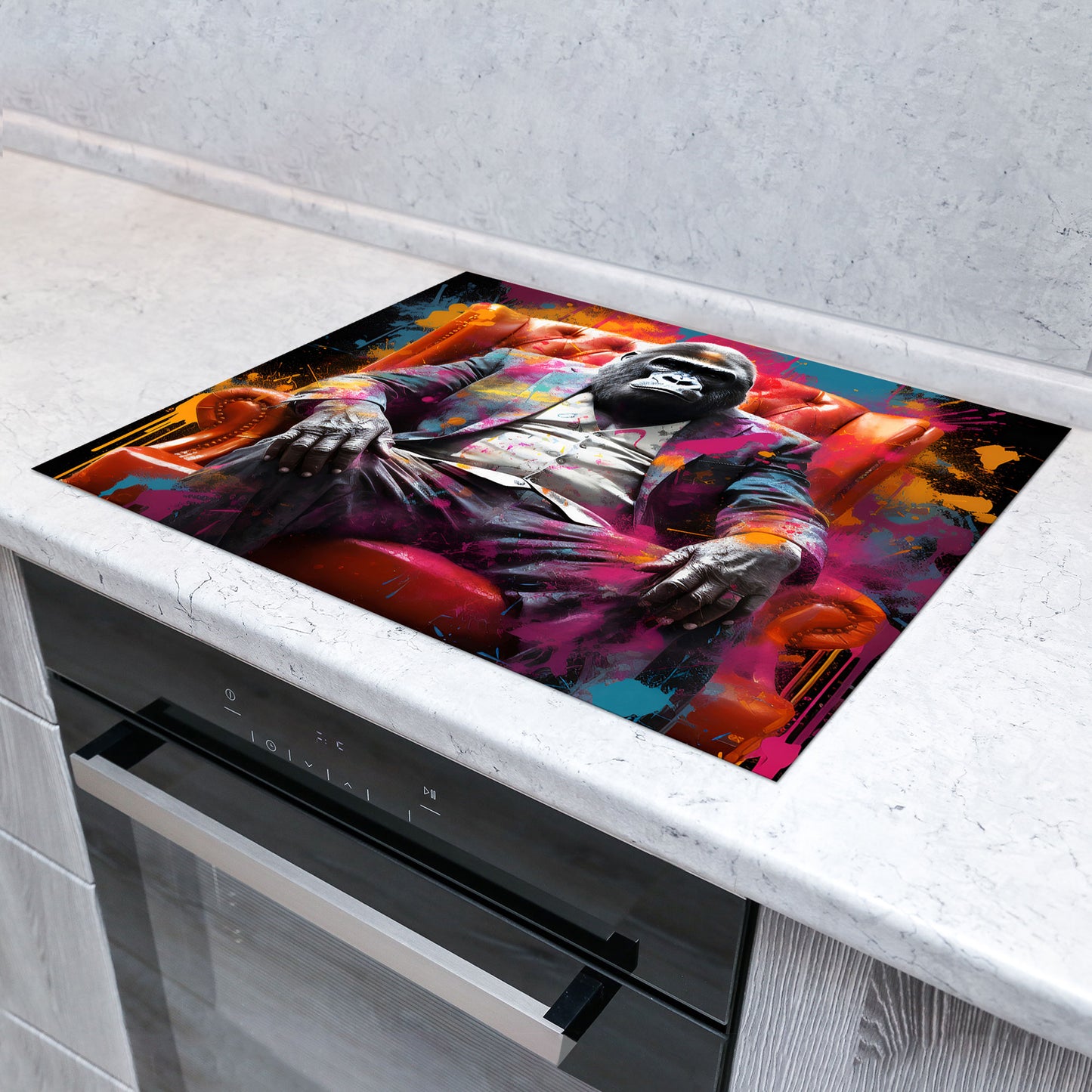 Pop Art Gorilla im Anzug Herdabdeckplatte Induktionsschutz für Ceranfeld & Küche Deko