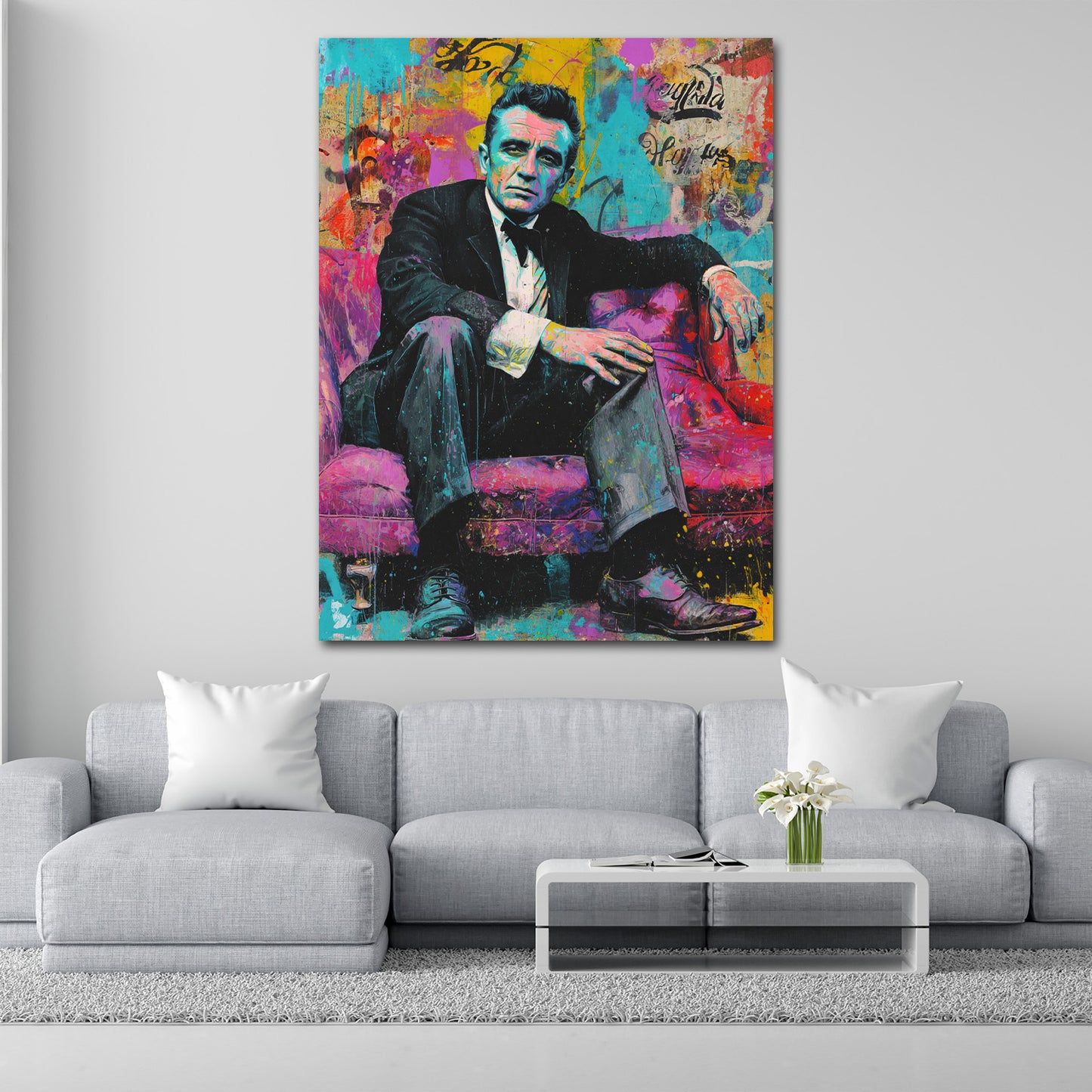 Pop Art Johnny Porträt auf violettem Sofa Wandbild
