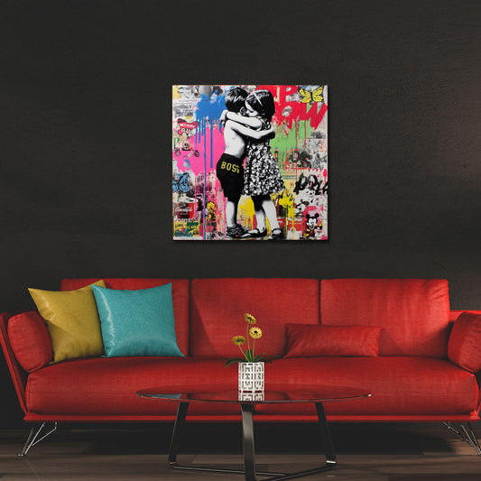 Pop Art Kinder Umarmung Liebe Collage Graffiti Wandbild